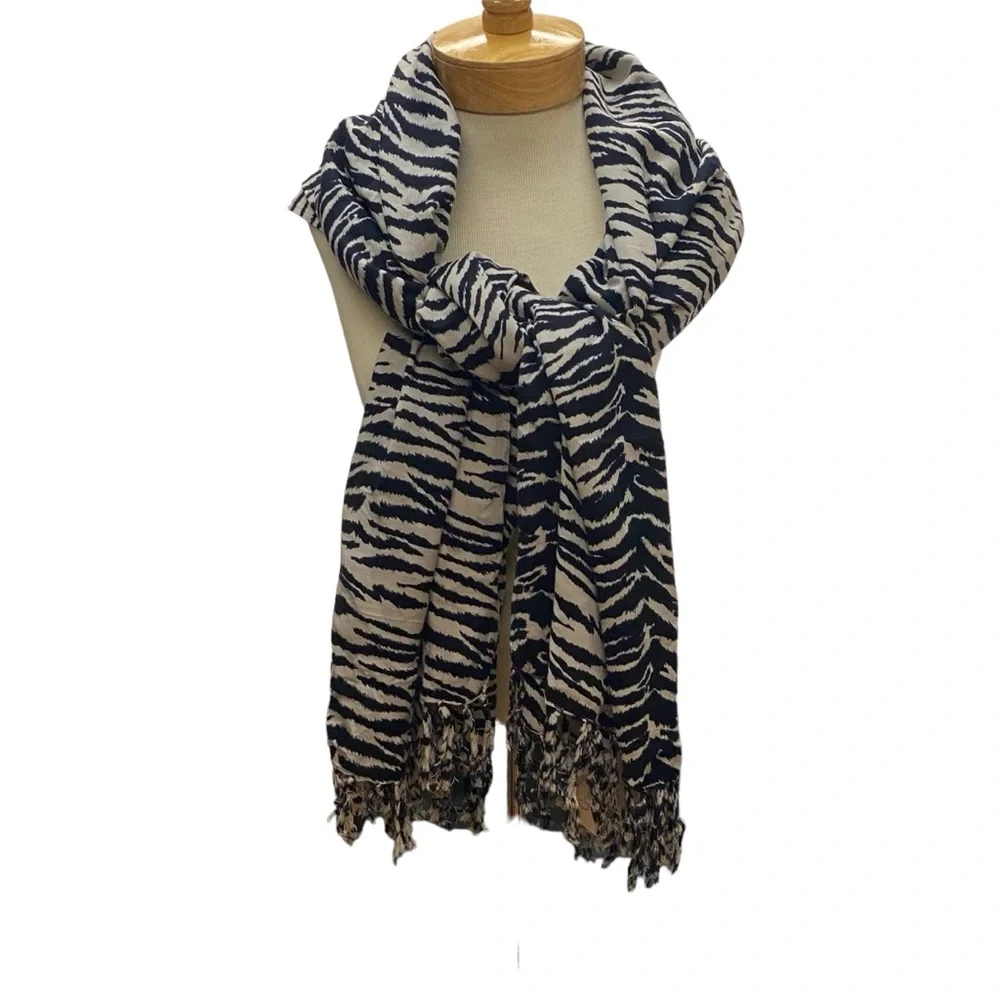 World Market Animal Print Scarf Wrap 100% Rayon Black Ivory Boho Lightweight